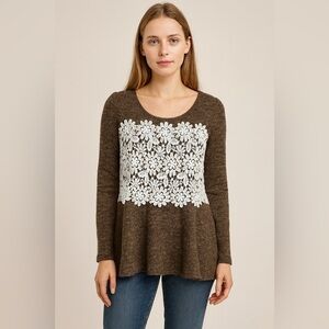 ANTHROPOLOGIE A’REVE Brown Wool Blend Lace Floral Top Size Medium